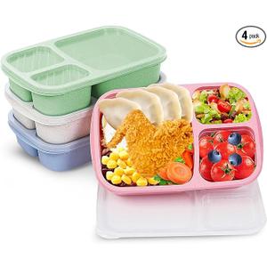 RevyGyuk 3 Pack Bento Box for Adults, 3-Compartment Wheat Straw Food Storage Containers, Meal Prep Lunch Box Microwave and Dishwasher Safe, Suitable for Office and Outdoor