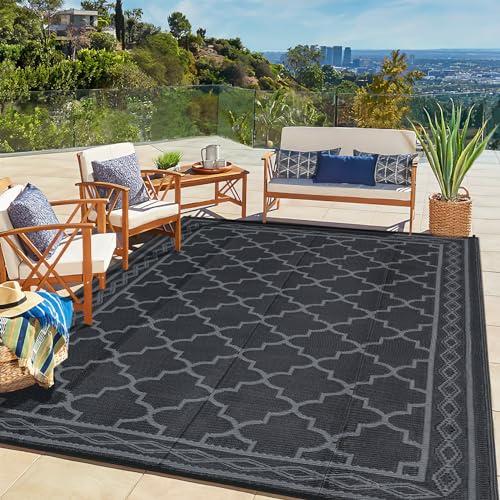 GlowSol Outdoor Rug 8x10 for Patios Waterproof Mat Outdoor Plastic Straw Rug Clearance, Reversible Carpet for Rv,Modern Outside Carpet for Porch, Deck, Camper, Balcony, Backyard, Picnic,Black Grey