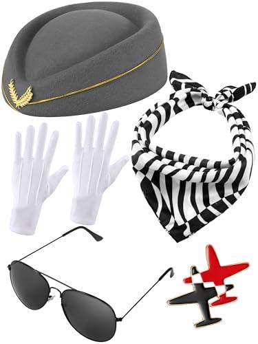 Bencailor 7 Pcs Women Flight Attendant Costume Accessories Stewardess Outfits Bellhop Hat Scarf Sunglasses Gloves(Gray)