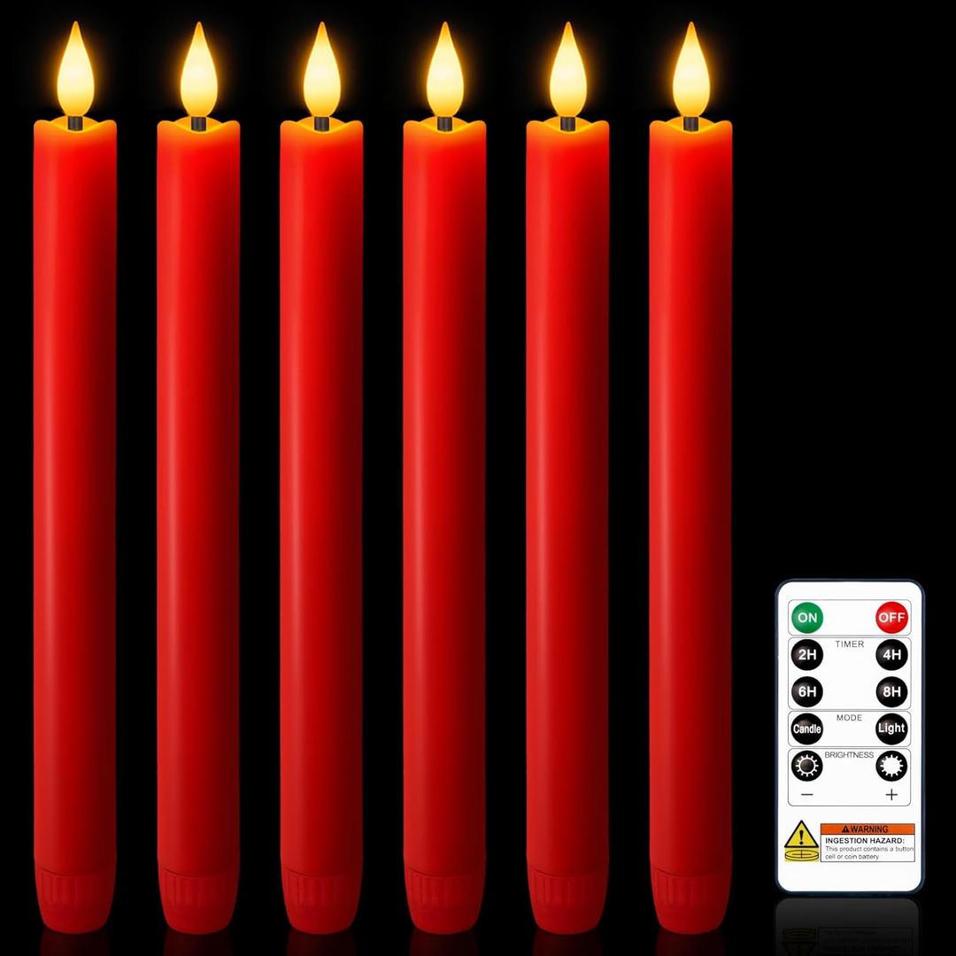 6 Pcs Flameless Taper Candles with Remote Timer Dimmer, Red Plastic Led Taper Candles Flickering, 9.6 Inches Battery Operated Candlesticks, for Party Holiday Christmas Decor