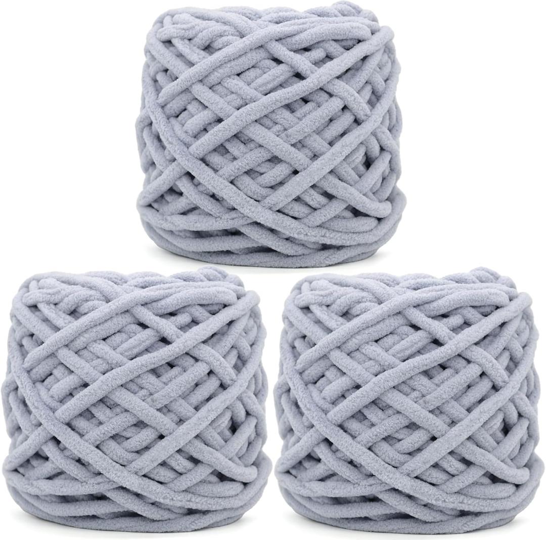 Chunky Chenille Yarn for Crocheting,Light Grey Fluffy Velvet Plush Thick Soft Chunky Chenille Baby Blanket Yarn for Crocheting Knitting Beginners 3 * 100g(Light Grey)
