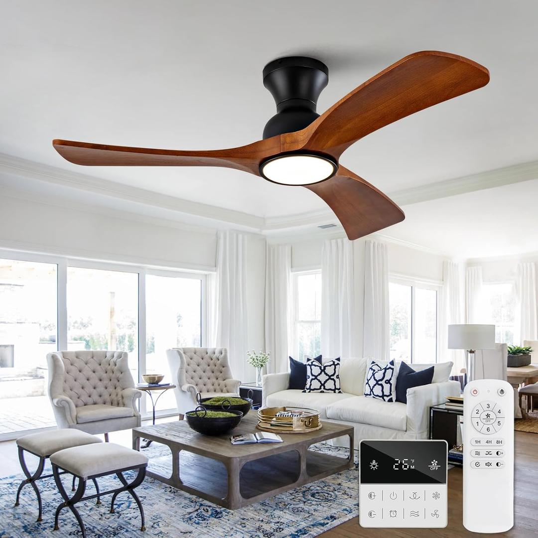 42 inch Flush Mount Ceiling Fans with Lights,Remote Control,Wall Switch,Solid Wood Blades,Dimmable,Reversible,Noiseless,Power Off Memory Low Profile Ceiling Fan for Bedroom Patio Indoor/Outdoor