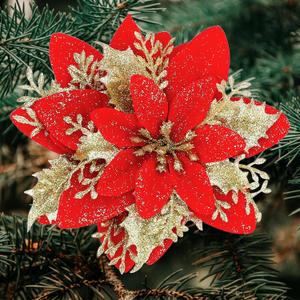 SITUMEIZI 24 Pcs Red Gold Poinsettia Artificial Christmas Flowers 5.5" Glitter Poinsettias Christmas Decorations Tree Flower with Stems & Clips for Wreath Xmas Tree New Year Party Ornament Wedding