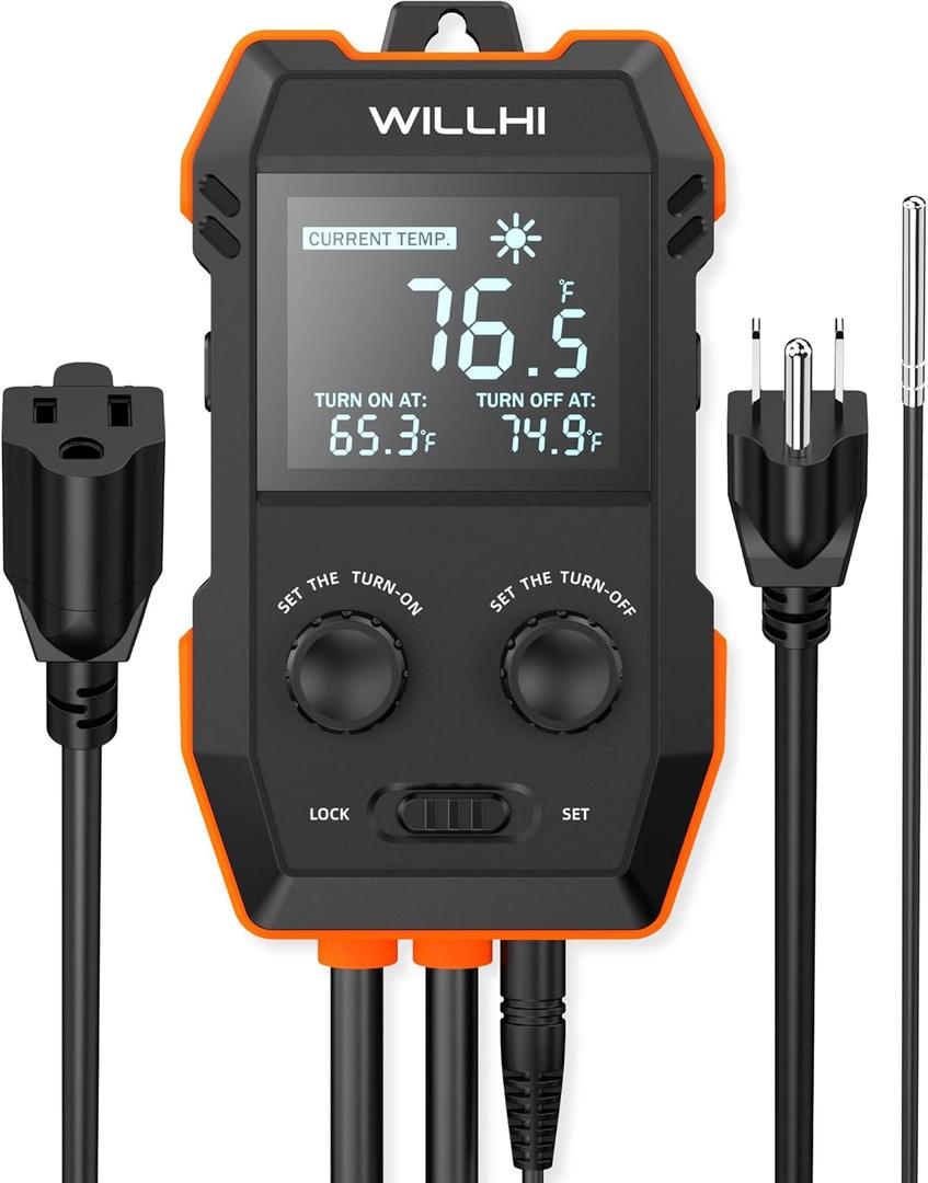 WH2408 Temperature Controller 10A 1200W, Digital Thermostat Controlled Outlet Plug Switch for Reptile Terrarium Greenhouse Homebrew Aquarium Seedling Mat, Heating or Cooling Mode (Pack of 1)