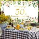 Vlipoeasn Elegant White 50th Anniversary Backdrop, Polyester, Rose Gold Peony Design, Included Rope, for Couple Surprise, Wedding Supplies