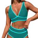 High Waisted Bikini Sets Womens Cheeky Two Piece Swimsuit V Neck Color Block Bathing Suit (X-Large, Green)