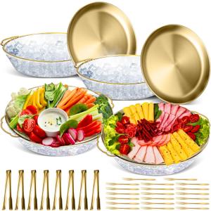 Baderke 4 Sets 11.8" Chilled Serving Tray for Parties Round Iced Platter with Ice Underneath Stainless Steel Clip Fruit Fork Shrimp Cocktail Serving Dish for Oysters Crawfish Fruits (Gold)