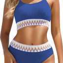 Women's High Waisted Bikini Set Two Piece Crop Top Swimsuit Ribbed Cheeky Bathing Suits (X-Large, Royal Blue)
