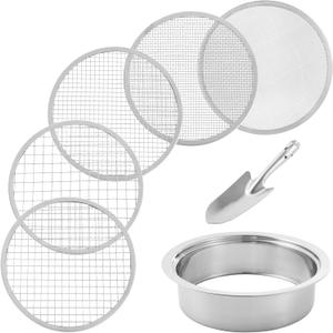 Soil Sifter Stainless Steel Riddle Sieve Set for Gardening with 5 Sizes 8" Diameter 1/3/6/9/12mm Interchangeable Meshes - Garden Potting Sieves with Shovel - Planting Soil Sifters Strains
