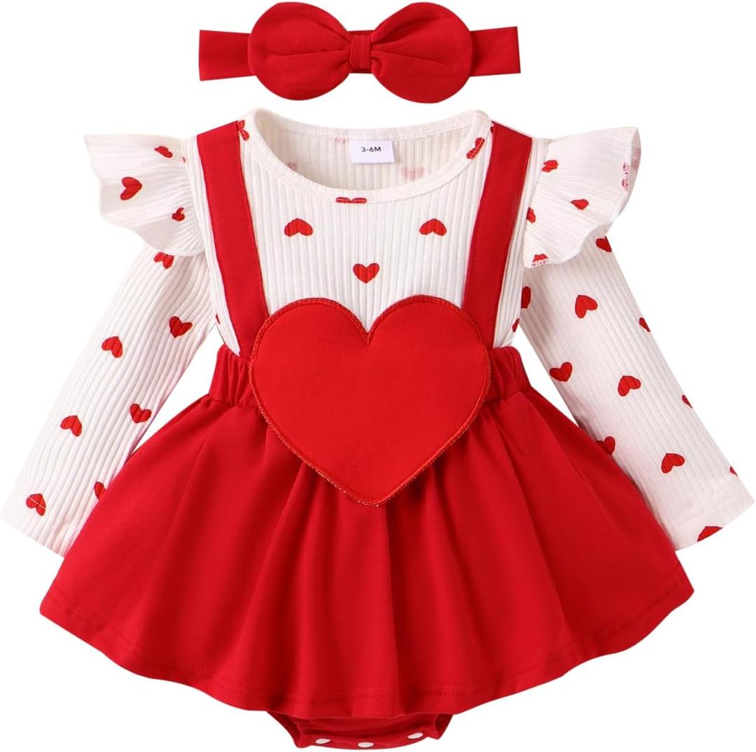 Valentine Baby Girl Outfit Heart Print Ribbed Long Sleeve Newborn Valentines day Romper Dress Headband Set (0-3 Months, White)