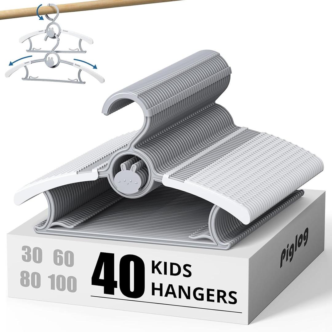 Baby Hangers for Closet Adjustable Kids Hangers 40 PCS, Stackable and Extendable Hanger for Clothes, with Windproof Buckles, Gray Non Slip Baby Hangeres for Nursery