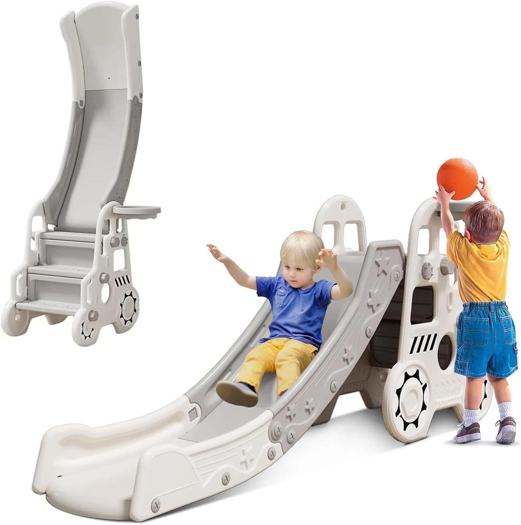 Foldable Slide for Toddler Age 3-5 Folding Slide Freestanding Slides 4 in 1 Toddler Slide Stair Slides Indoor for Kids on Stairs with Basketball Hoop & Outdoor Playground