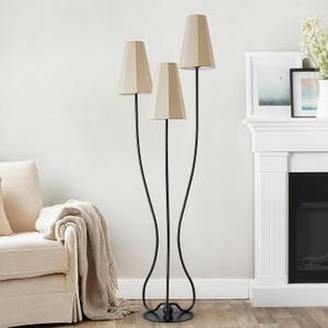 ZenGlimmer Artistic Vintage Floor Lamp, 3-Light Standing Lamps with Sculptural Curved Iron Base & Octagonal Linen Shades, Statement Lighting for Living Room, Bedroom, Studio