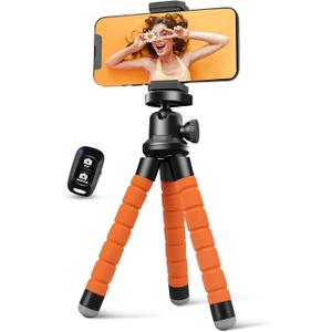 Aureday Phone Tripod, Flexible Tripod for iPhone and Android, Portable with Wireless Remote and Clip for Video Recording/Vlogging/Selfie (Orange)