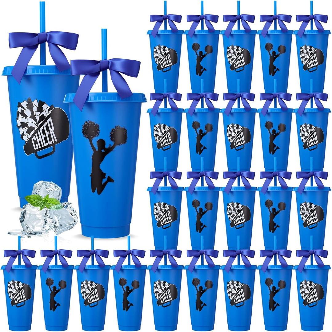 24 Sets Cheerleading Team Gifts, 24 oz Plastic Tumblers with Lids and Straws, Reusable Cheer Cups Bulk for Sports Events, Cheer Competitions, Pep Rallies, Team Party Supplies