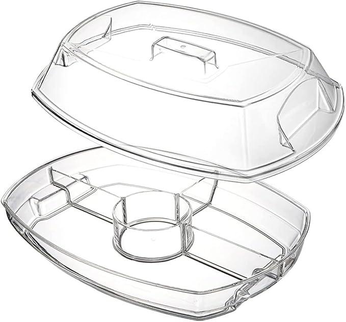Ice Tray Server - Party Serving Container with Lid, Divided 4-Compartment Fruit Platter, Built-in Chill Feature, Fresh-Keeping Function, Buffet Display Tool, Fridge Use for Salad Shrimp Dessert