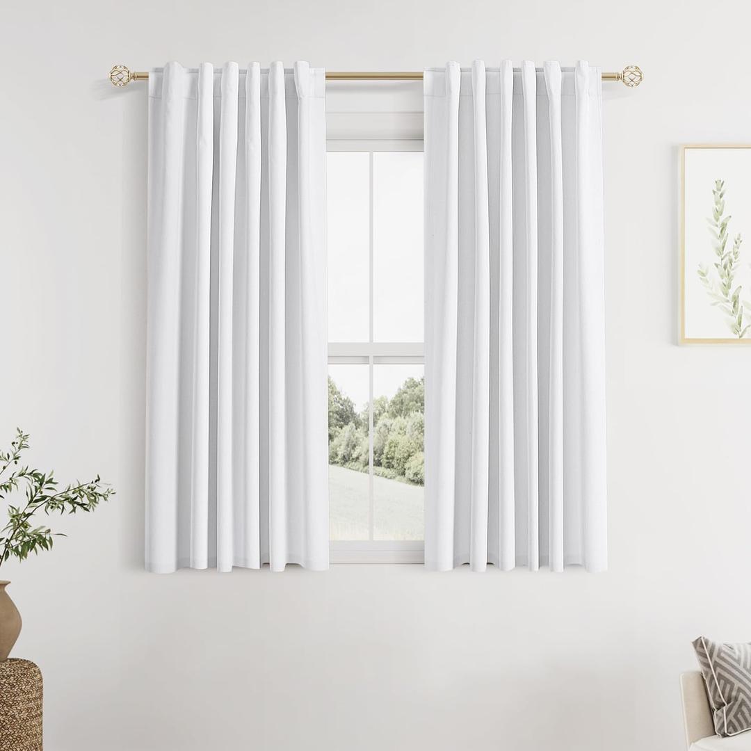 Guken White 100% Blackout Linen Curtains 40 Inch Wide by 45 Inch 2 Panels Set for Living Room Bedroom Back Tab Thermal Insulated Black Out Linen Drapes