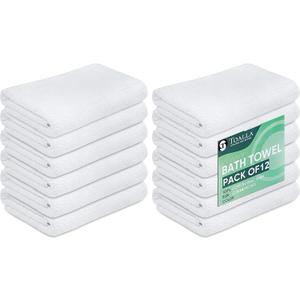 10 x White Bath Towels (Pack of 12, 22x44 Inches) - Economy, Lightweight, Quick Drying - Bulk Sets for Commercial Uses, Gym, Salon, Spa & Hair