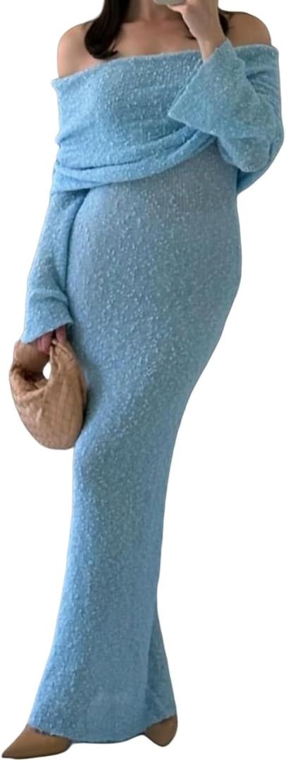 NRTHYE Women's Knit Off Shoulder Crochet Maxi Dress Sexy Mesh Long Sleeve Bodycon Vacation Party Dresses (Medium, 03blue)
