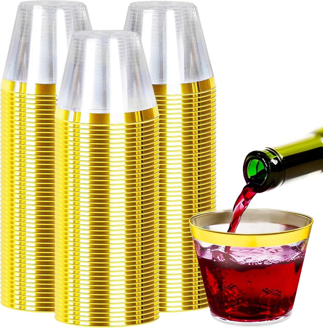 Zcaukya 100pcs 9oz Gold Plastic Cups, Disposable Crystal Clear Plastic Party Cups for Weddings, Birthdays, Events