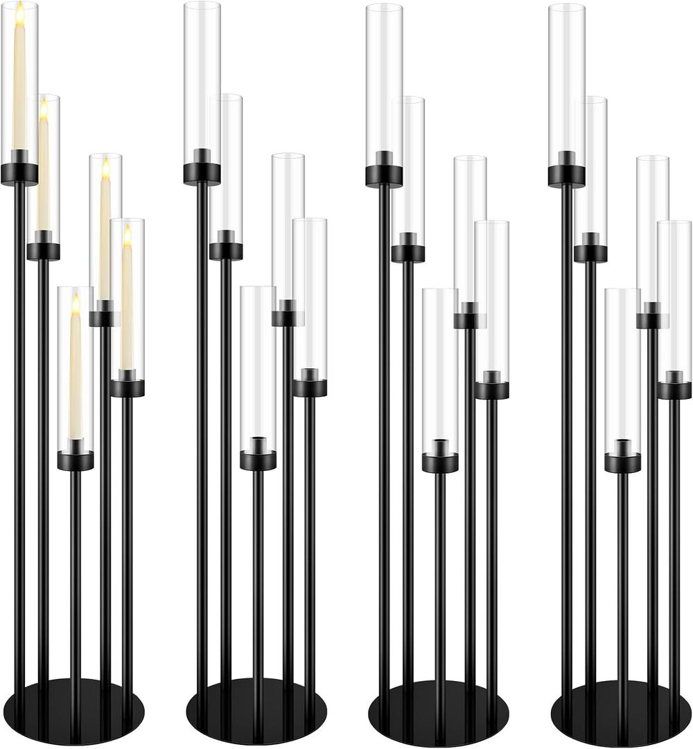 Tessco for you 5 Arm Candelabra Centerpieces for Tables 42.5'' Tall Floor Candle Holder Metal Candlestick Stand with Acrylic Lampshade for Wedding Holiday Birthday Party Decor (Black,4 Set)