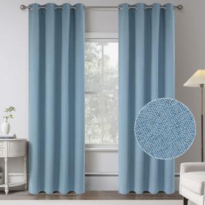 Air Blue Completely 100% Blackout Linen Textured Grommet Curtains - 2 Panels 84 Inches Long Burg Linen Textured Curtain Drapes for Modern Farmhouse Outdoor/Indoor (Light Blue,W 52 x L 84 Inch Length)