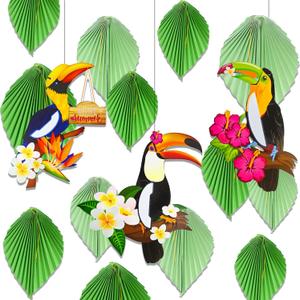 18PCS Parrot Honeycomb Palm Leaves Hanging,3PCS Tropical Birds Honeycomb Paper Cutouts for Hawaiian Beach Luau Party Hanging Decorations Tiki Bar Supplies
