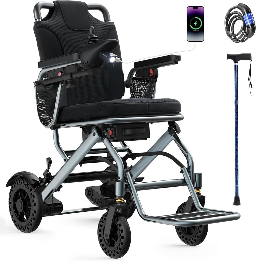 Lightweight Foldable Electric Wheelchair for Adults & Seniors, 33 lbs Portable Compact Motorized Wheelchairs, Dual 180W Motors 15 Miles Range All-Terrain Wheelchair, w/Bonus Cane & Lock