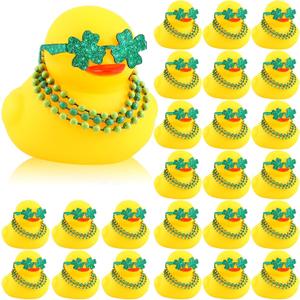 Lenwen 24 Pcs St. Patrick's Day Rubber Ducks Bulk 2.16" Small Car Duckies with Bead Necklace Glasses Holiday Duck Bath Toy for St. Patrick's Day Party Decors Supplies Gift