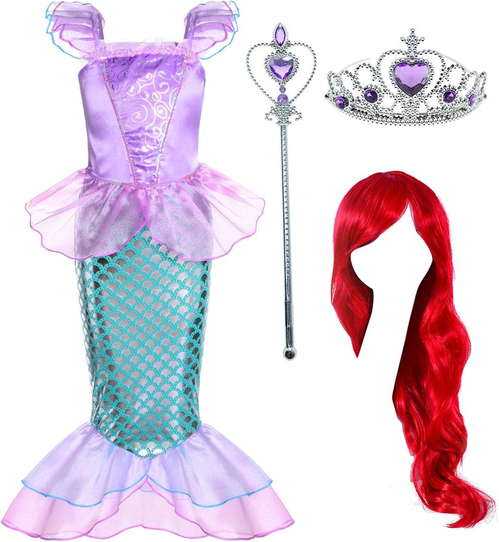 Joy Join Little Girls Princess Mermaid Costume for Girls Dress Up with Wig,Crown Pink (3-4 Years)