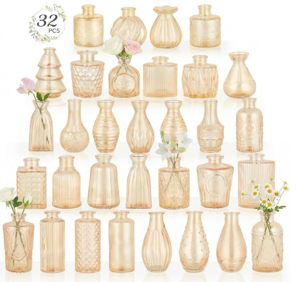 RUCKAE Glass Bud Vases Mini Flower Vase Small Vintage Vases for Centerpiece Table Wedding Decorations Home Decor Party(Gold 32pack)
