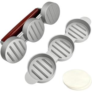 Burger Press Patty Maker Set with 100 Non-Stick Papers - 3x2.5 Inch Mold for Making Three Mini Patties at Once - Perfect for Sliders, BBQ, Picnic, Camping - Easy to Use & Clean