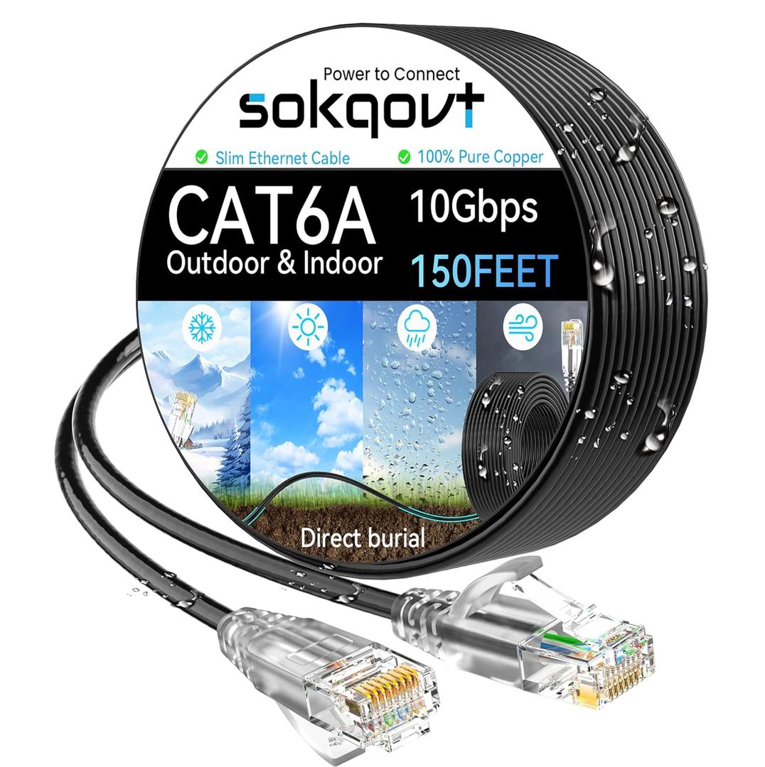 Cat6a Ethernet Cable Slim 150ft Outdoor&Indoor, 28AWG Pure Copper Cat6 Internet Cable for Waterproof & Direct Burial, Flexible Cat6 Ethernet Cable 10G 550MHZ, Cat 6 Network cable for Indoor Black