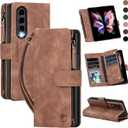 for Samsung Galaxy-Z-Fold-3 Wallet Case: with RFID Blocking Card Slots (6 Cards) & Hidden S Pen Holder | Soft PU Leather Magnetic Snap Zipper Wrist Strap Protective Phone Cover - Brown