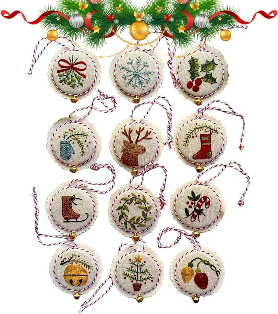 kjsdsss Hand Embroidery Christmas Ornaments Kit, Christmas Embroidery Kit, Embroidery Kit ChristmasOrnaments, ChristmasEmbroidery Kits for Adults Beginners (12 Pcs Colorful Set)