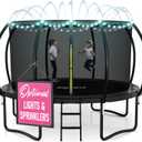 JoyBerri Upsurge Trampoline Outdoor - ASTM Certified Safe 8Ft 10Ft 12Ft 14Ft 15Ft 16Ft Recreational Trampoline for Kids and Adults. Anti-Rust Coating with Enclosure Net, Ladder, Sprinkler & LED Lights (Black)