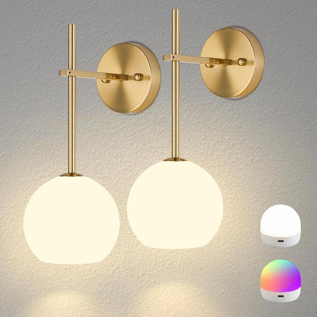 Gold Battery Operated Wall Sconces Set of 2, Rechargeable Wireless Wall Lights with Milky White Frosted Glass Shade, 12 RGB and 3CCT Dimmable, Wall Lamps with Remote for Bedroom Living Room Hallway