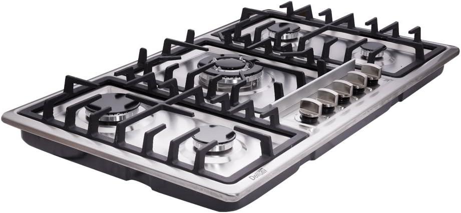Deli-kit DK258-A01 34 inch Gas Cooktop gas hob stovetop 5 burners LPG/ NG Dual Fuel 5 Sealed Burners Stainless Steel 5 Burner Built-In gas hob 110V AC pulse ignition gas stove