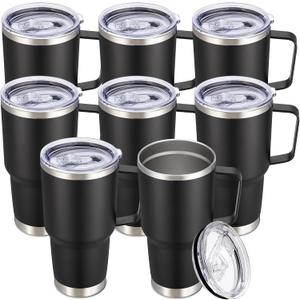 30 oz Tumbler with Handle and Lid, Stainless Steel Tumblers Bulk Double Wall Vacuum Insulated Travel Mug Leak Proof Cup Keep Drinks Cold and Hot Black, 8 Pack