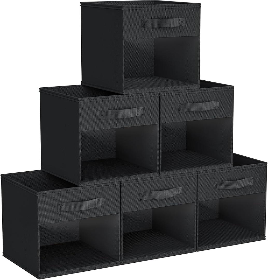 DIMJ Cube Bins, 6 Packs Fabric Storage Cubes with Clear Window, Storage Bins with Handles, Storage Baskets for Organizing Living Room, Bedroom, Office, Black