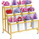 Asee'm Flower Display Stand With 12PCS Buckets 3 Tier Flower Cart Display Stand with Wheels Heavy Duty Moving Metal Plant Stand Flower Bar Flower Rack for Florist Indoor Outdoor Patio Garden Gold