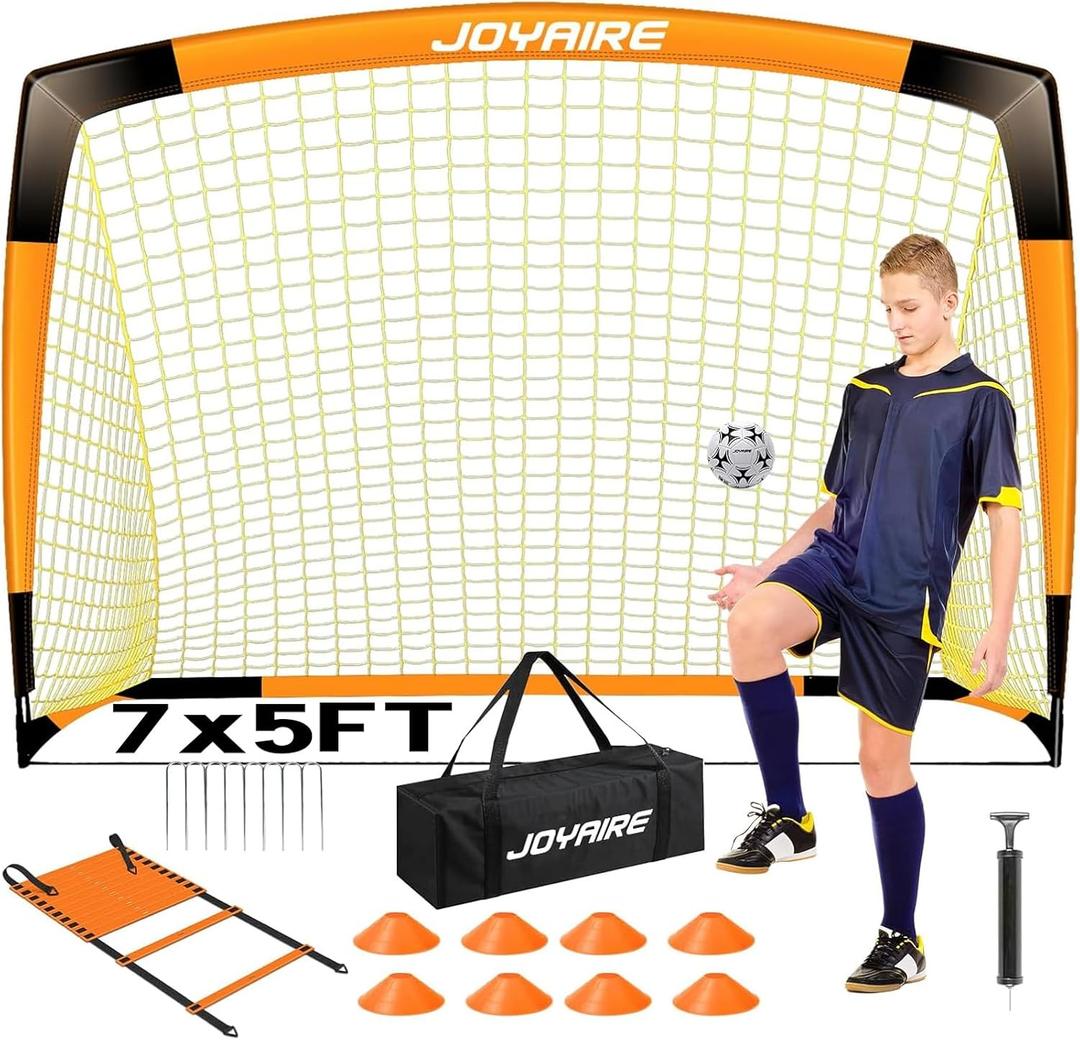 Pro-Grade Kids Backyard Soccer Goal, Tear-Resistant 5-Layer Polyester Soccer Net & 10mm Poles for Maximum Durability, 4x3ft/6x4ft/7x5ft, Pop Up Portable Soccer Training Equipment Set with Size 4 Ball