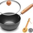 WANGYUANJI 1.5QT Iron Saucepan with Lid, Hammered Milk Pot for Boiling Ramen, Removable Wood Handle for Camping & Storage, Non-Coated Small Cookware for Single Serving, Induction Compatible (7.1 inch, 7.1 inch)