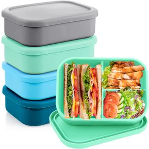 Layhit 4 Pcs Silicone Bento Box for Adults, 27 oz Bento Lunch Container Reusable 3 Compartment Lunchable Food Container for Women Men, Leak Proof Microwave Dishwasher Freezer Safe (Cool Colors)