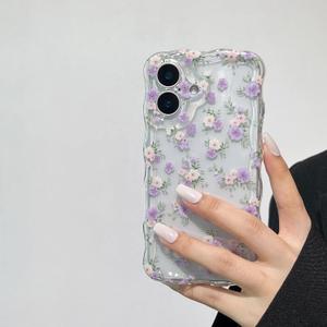 RALEAVO for iPhone 17 Case Cute Floral Pattern Design,Clear Curly Wave Frame Cover for Women,Soft Shockproof Anti-Slip Protective Case for iPhone 17,Purple Flowers