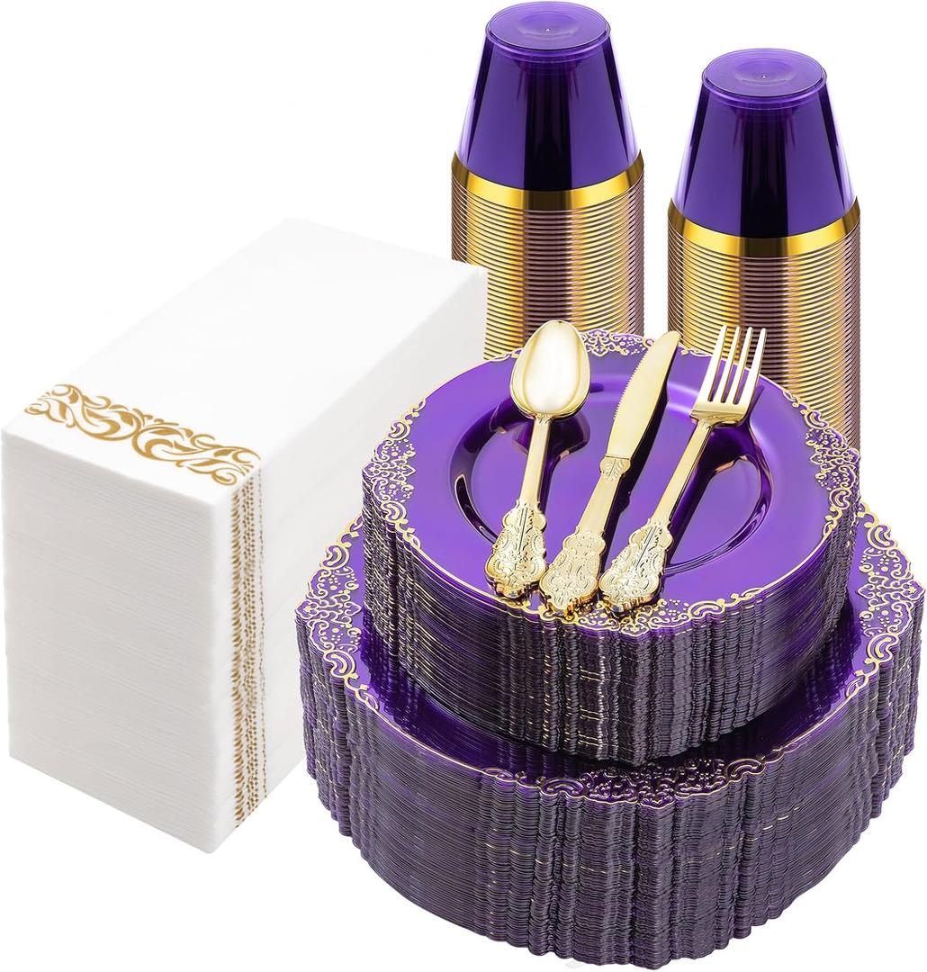 Bestluck 350PCS Clear Purple Plastic Plates for 50 Guests, Disposable Plates with Gold Trim include 50 Dinner Plates, 50 Dessert Plates, 150 Gold Silverware, 50 Cups, 50 Napkins for Party, Wedding