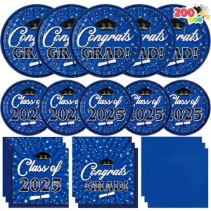 JOYIN 200 Pcs Graduation Party Plates and Napkins Blue Dinnerware Set Supplies, 2025 Disposable Dessert Paper Plates Luncheon Cocktail Napkins for Congrats Grad Graduation Decorations, Serve 50