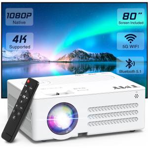 TMY Projector with WiFi and Bluetooth80" screen includedNative 1080P Outdoor Projector, 4K Supported Portable Projector, Compatible with iOS/Android/PC/TV Stick/HDMI/USB, Indoor Outdoor Use