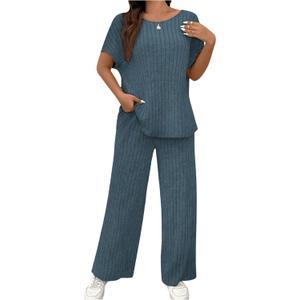 SOLY HUX Women's 2 Piece Summer Outfits Short Sleeve T Shirt Tops and Pants Set, T-Shirt 24" inch length, Pants 38" inch length