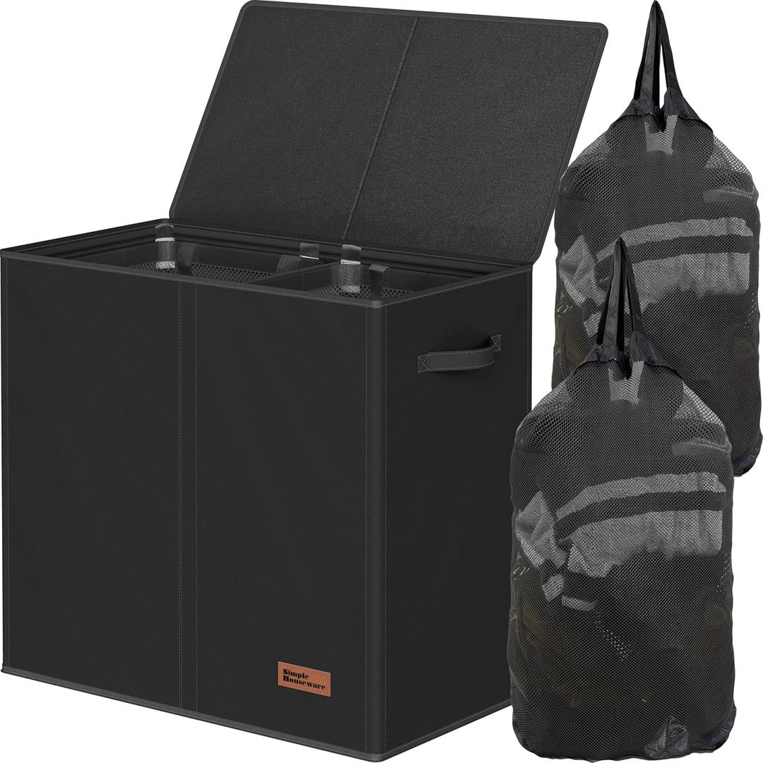 Simple Houseware Double Laundry Hamper with Lid and Removable Bags, Black, 23"L x 13"W x 22.75"H